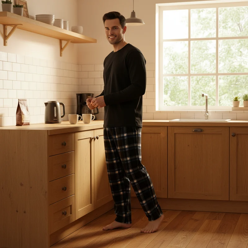 Blaue und schwarze Herren-Fleece-Pyjamahose – Bequeme Loungewear