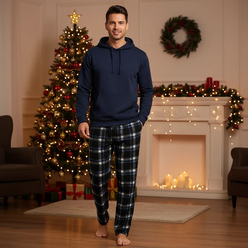 Blaue und schwarze Herren-Fleece-Pyjamahose – Bequeme Loungewear