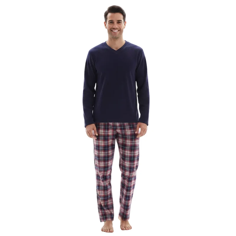 Herren-Fleece-Pyjama-Set – Langarmshirt mit Baumwollflanellhose