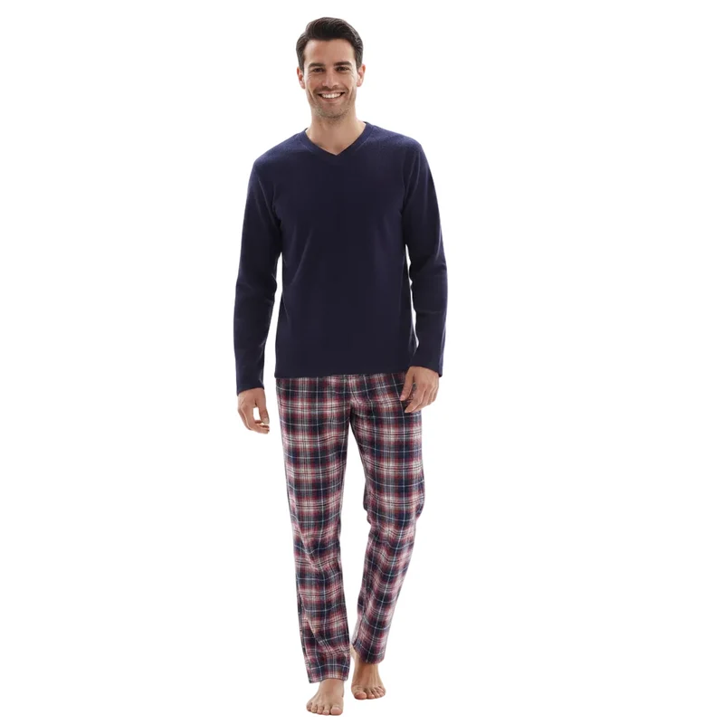 Herren-Fleece-Pyjama-Set – Langarmshirt mit Baumwollflanellhose