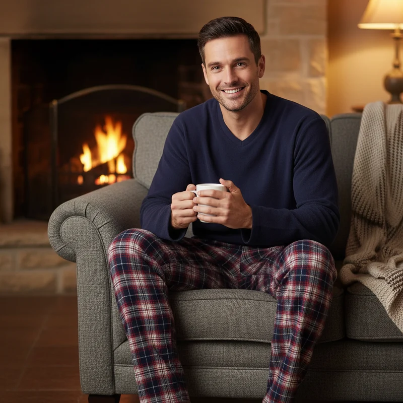 Herren-Fleece-Pyjama-Set – Langarmshirt mit Baumwollflanellhose