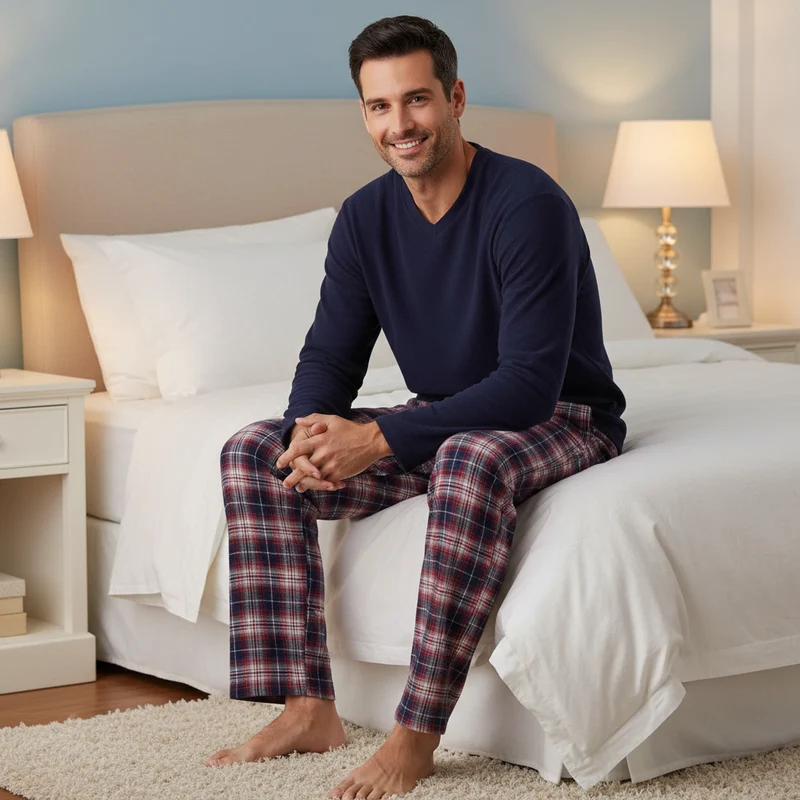 Herren-Fleece-Pyjama-Set – Langarmshirt mit Baumwollflanellhose