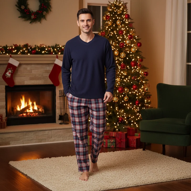 Herren-Fleece-Pyjama-Set – Langarmshirt mit Baumwollflanellhose