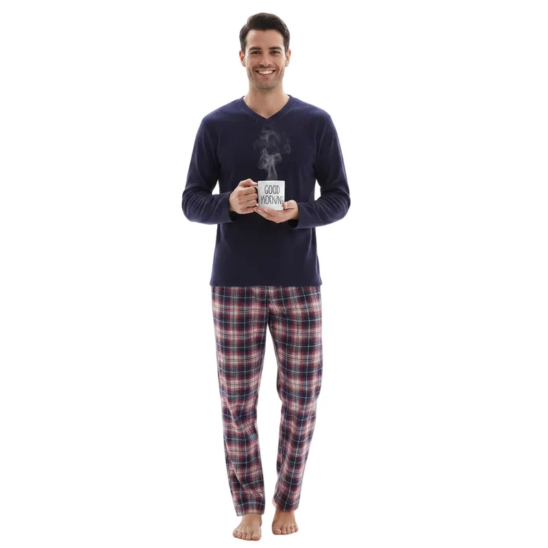 Herren-Fleece-Pyjama-Set – Langarmshirt mit Baumwollflanellhose