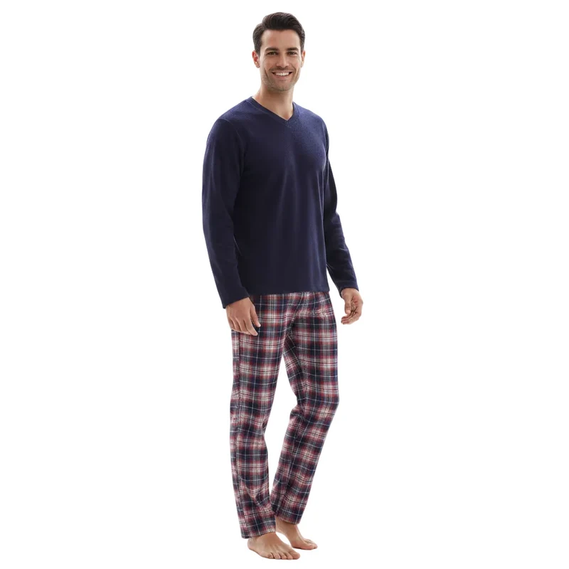 Herren-Fleece-Pyjama-Set – Langarmshirt mit Baumwollflanellhose