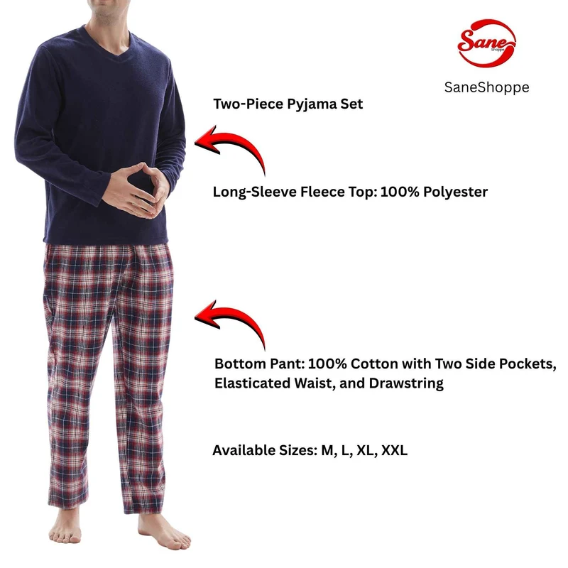 Herren-Fleece-Pyjama-Set – Langarmshirt mit Baumwollflanellhose