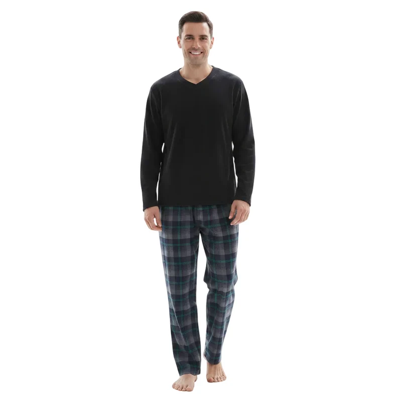 Herren-Pyjama mit Karomuster, Loungewear mit Fleece-Oberteil und Baumwollhose