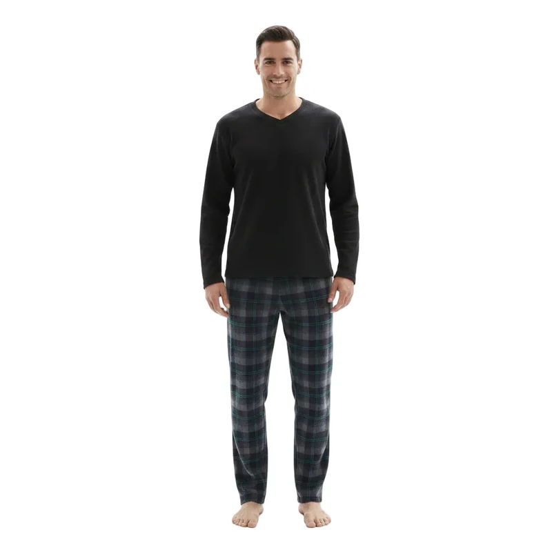 Herren-Pyjama mit Karomuster, Loungewear mit Fleece-Oberteil und Baumwollhose