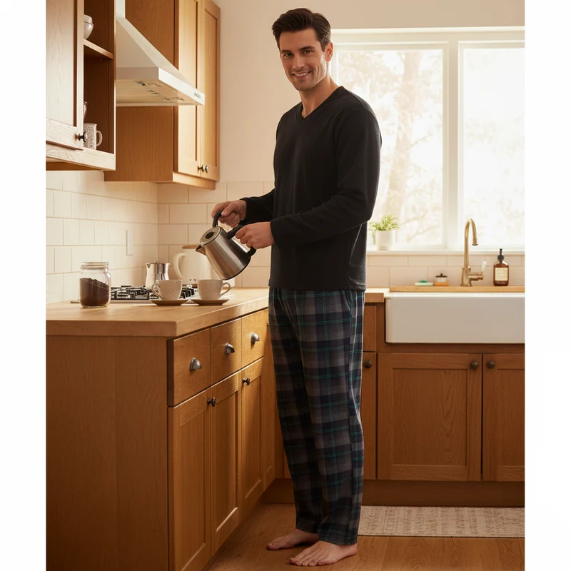 Herren-Pyjama mit Karomuster, Loungewear mit Fleece-Oberteil und Baumwollhose
