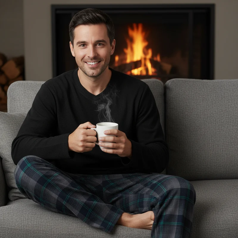 Herren-Pyjama mit Karomuster, Loungewear mit Fleece-Oberteil und Baumwollhose