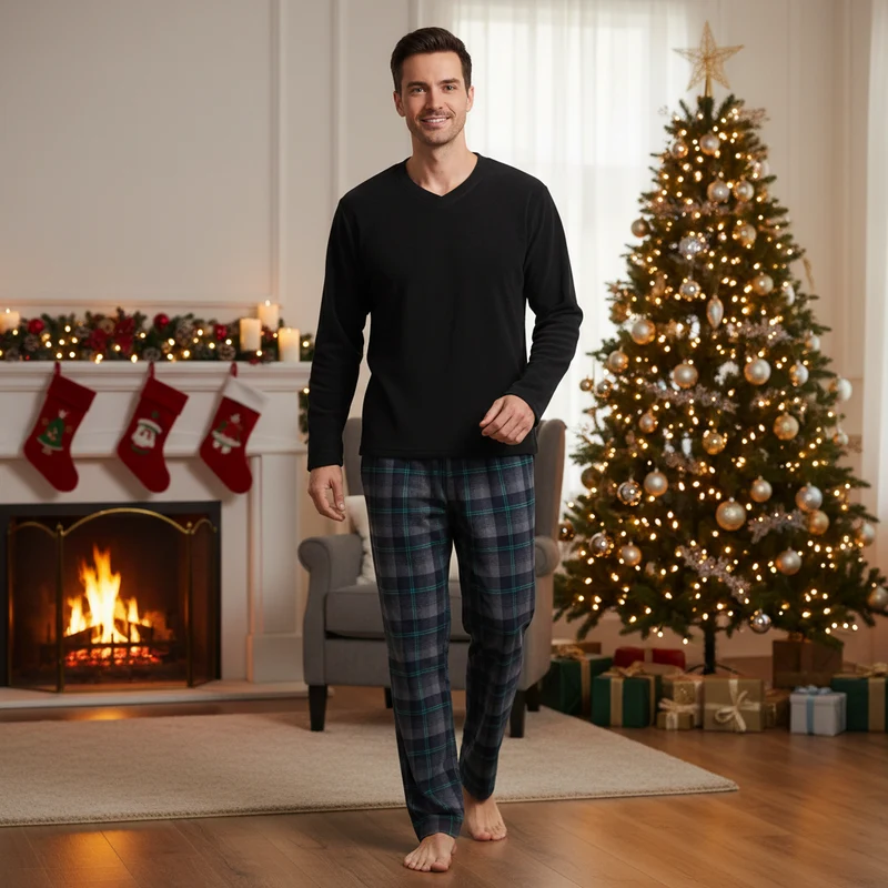Herren-Pyjama mit Karomuster, Loungewear mit Fleece-Oberteil und Baumwollhose