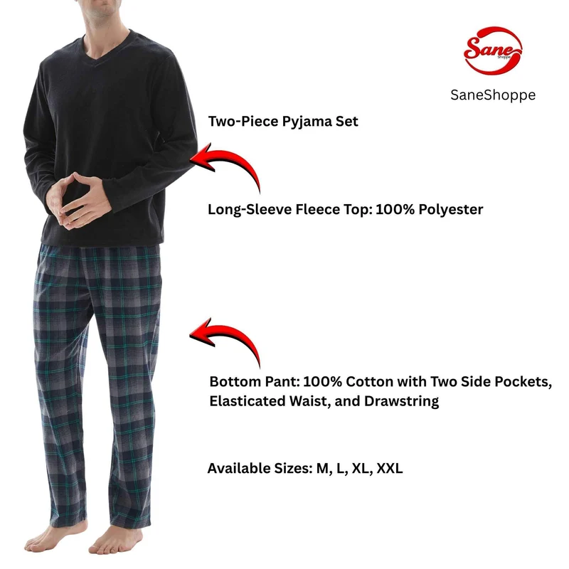 Herren-Pyjama mit Karomuster, Loungewear mit Fleece-Oberteil und Baumwollhose