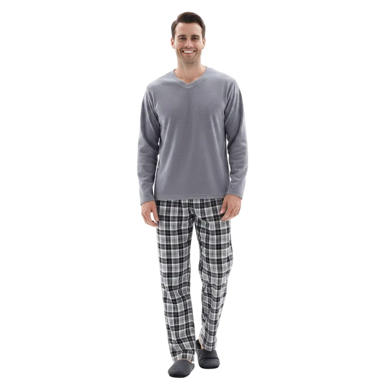 Herren-Fleece-Pyjama-Sets: Gemütliches graues Oberteil mit schwarzer Baumwollhose