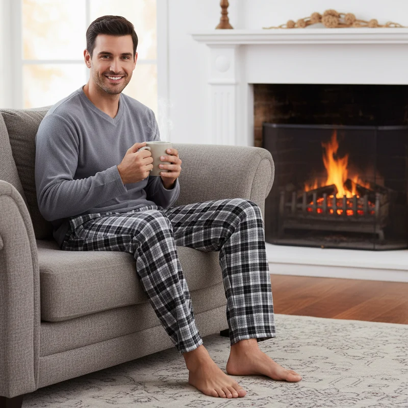Herren-Fleece-Pyjama-Sets: Gemütliches graues Oberteil mit schwarzer Baumwollhose