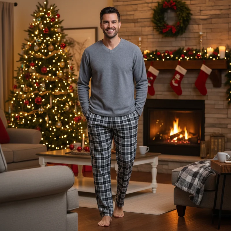 Herren-Fleece-Pyjama-Sets: Gemütliches graues Oberteil mit schwarzer Baumwollhose