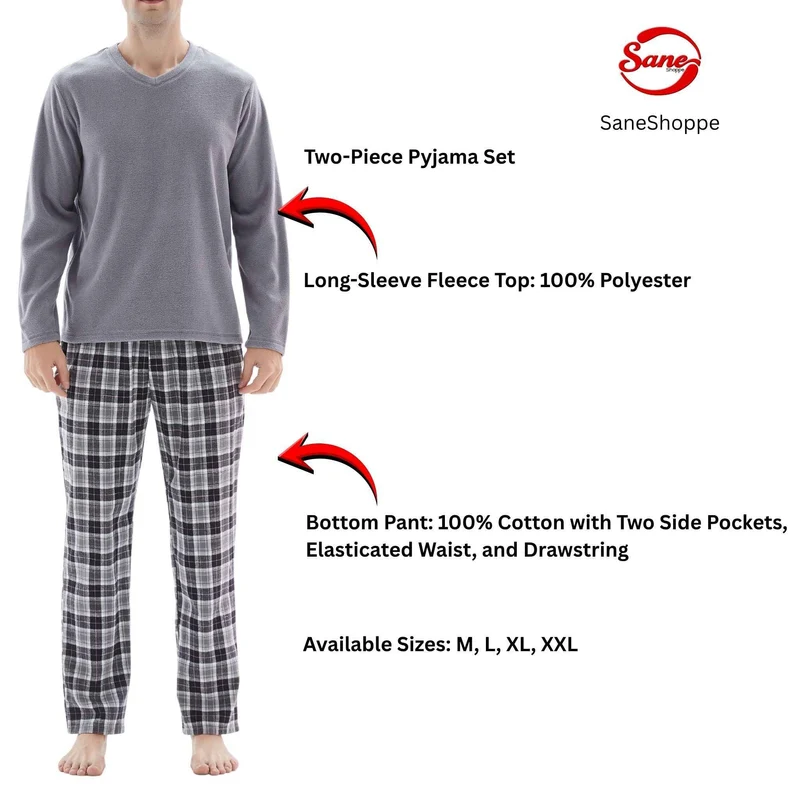 Herren-Fleece-Pyjama-Sets: Gemütliches graues Oberteil mit schwarzer Baumwollhose
