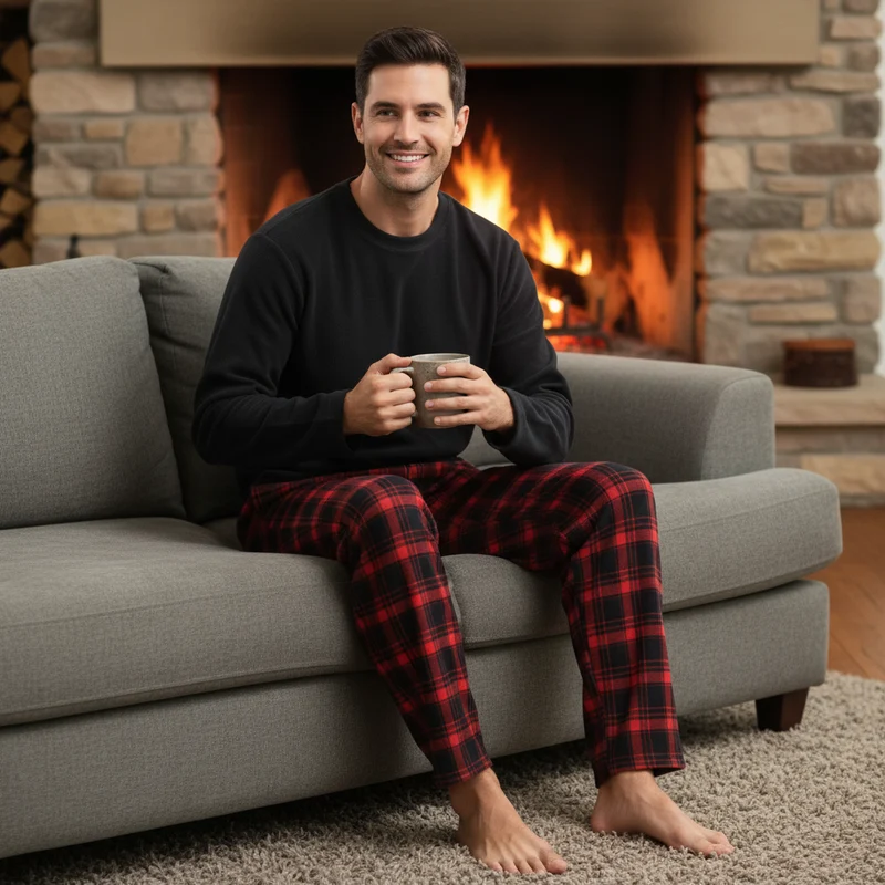 Herren-Fleece-Loungewear-Set mit kuscheliger karierter Baumwollhose