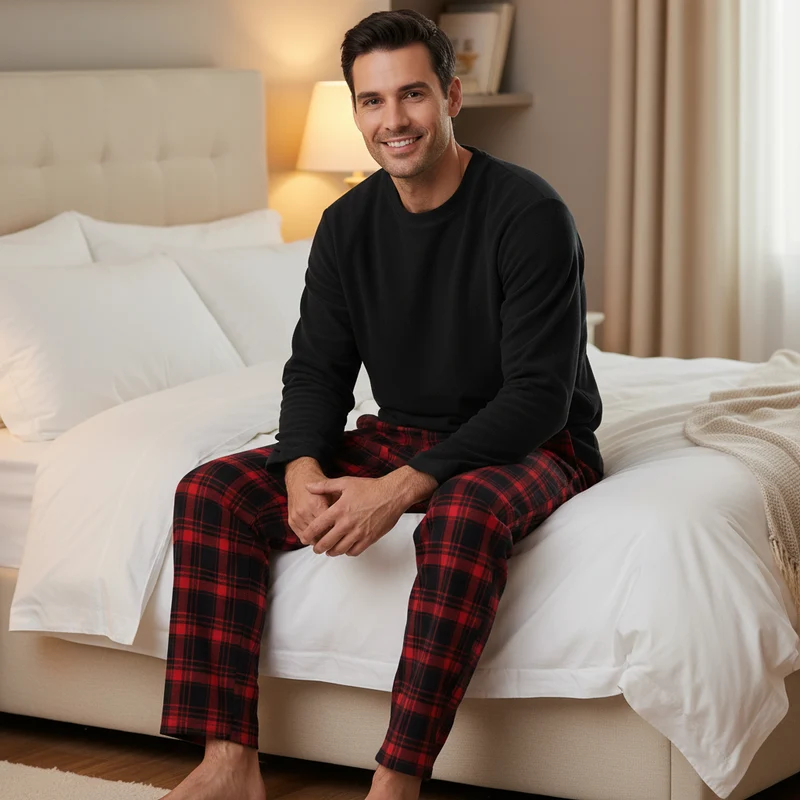 Herren-Fleece-Loungewear-Set mit kuscheliger karierter Baumwollhose
