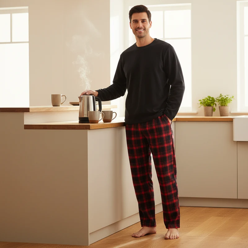 Herren-Fleece-Loungewear-Set mit kuscheliger karierter Baumwollhose