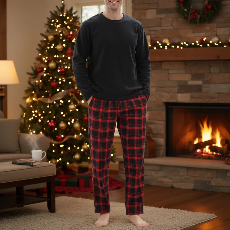 Herren-Fleece-Loungewear-Set mit kuscheliger karierter Baumwollhose