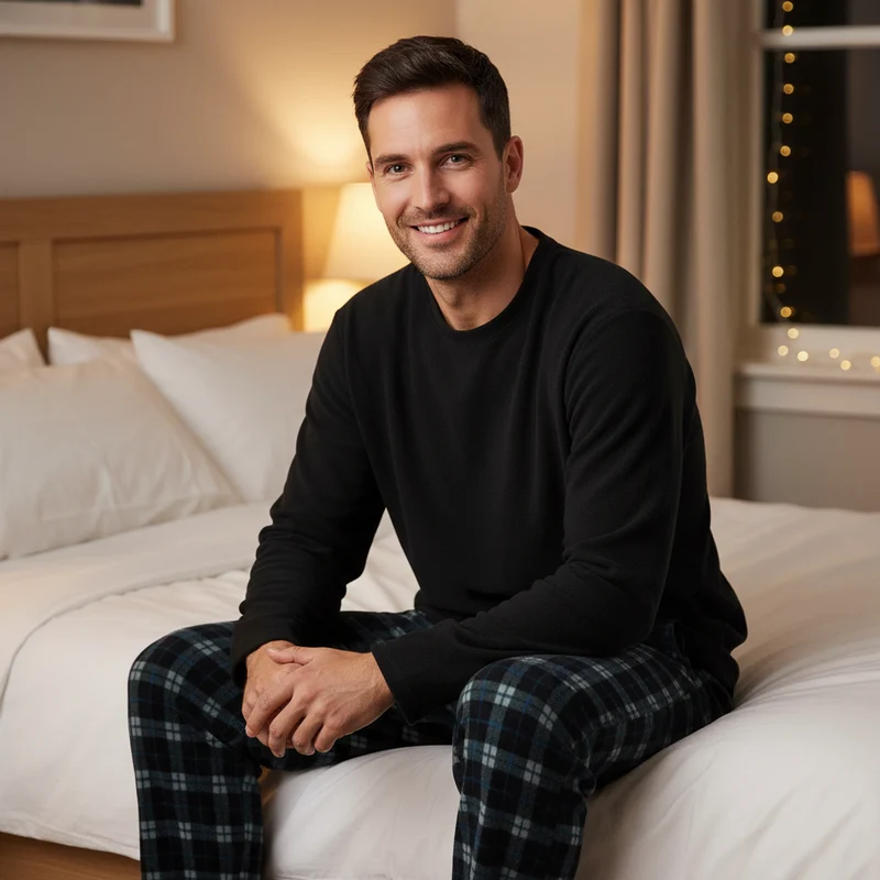 Herren-Fleece-Pyjama-Set – Schwarze Loungewear mit langen Ärmeln