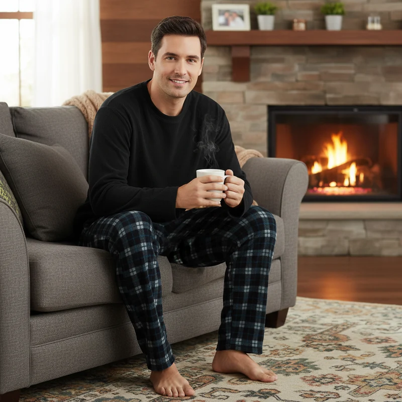 Herren-Fleece-Pyjama-Set – Schwarze Loungewear mit langen Ärmeln