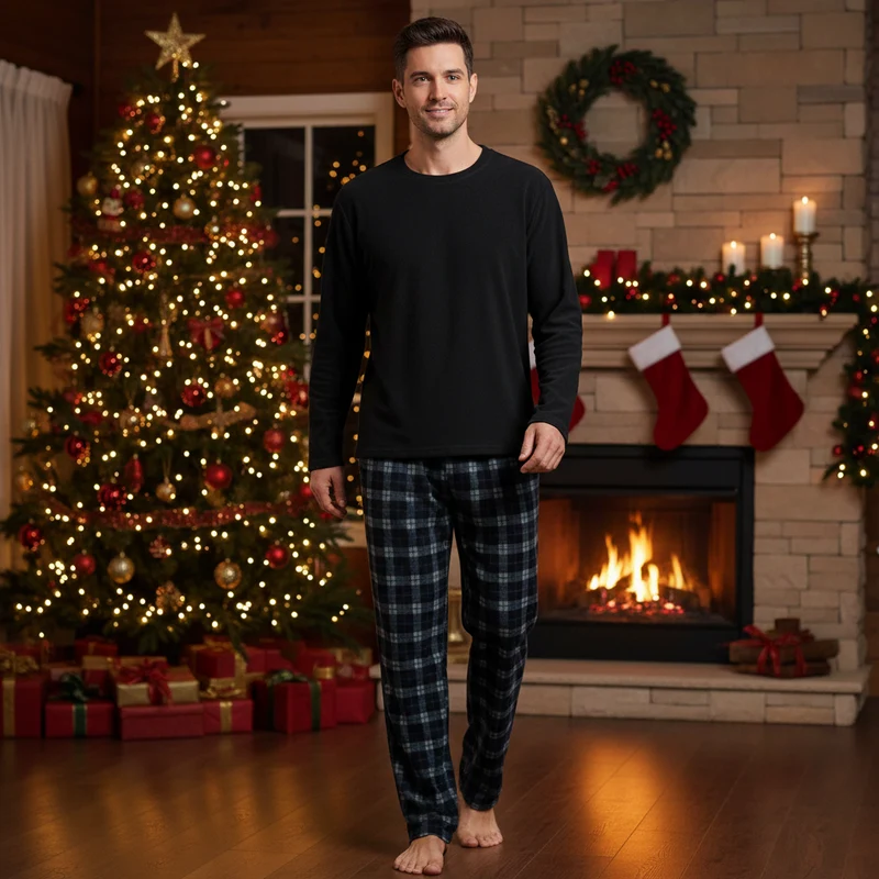Herren-Fleece-Pyjama-Set – Schwarze Loungewear mit langen Ärmeln