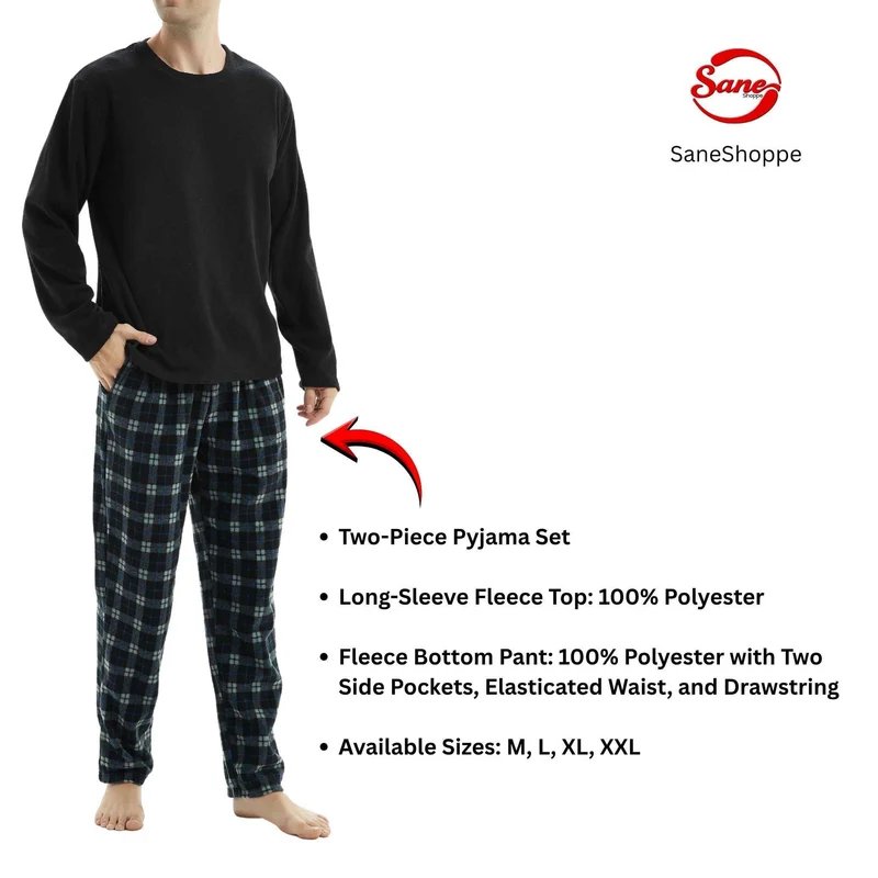 Herren-Fleece-Pyjama-Set – Schwarze Loungewear mit langen Ärmeln