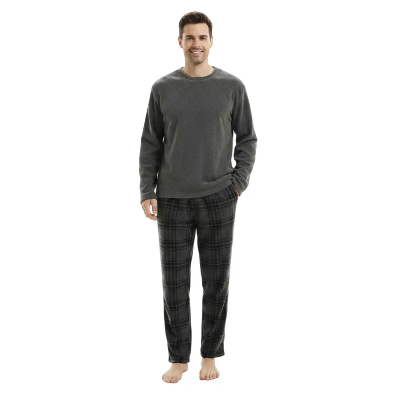 Flauschiger Fleece-Pyjama für Herren – Grau kariertes, kuscheliges Thermopyjama-Set für ultimativen Komfort