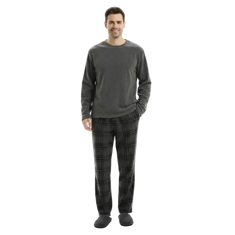 Flauschiger Fleece-Pyjama für Herren – Grau kariertes, kuscheliges Thermopyjama-Set für ultimativen Komfort