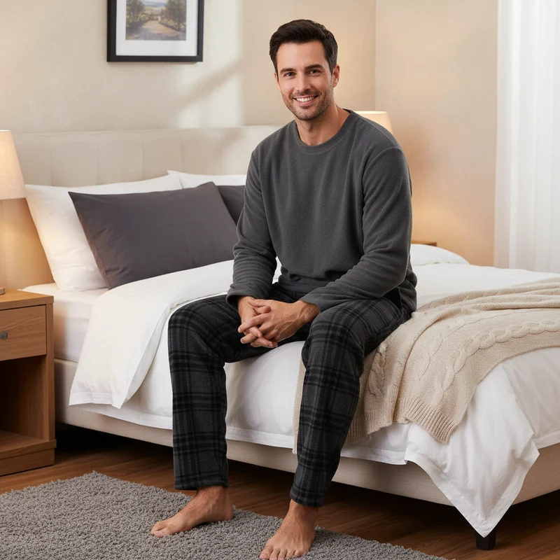 Flauschiger Fleece-Pyjama für Herren – Grau kariertes, kuscheliges Thermopyjama-Set für ultimativen Komfort