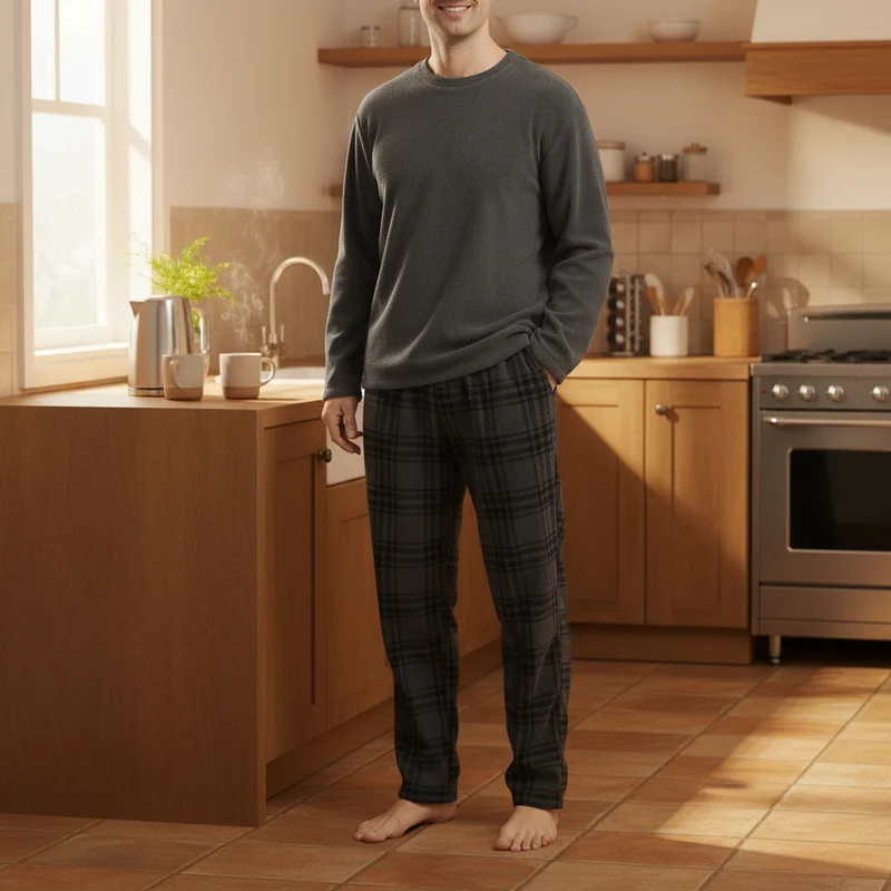 Flauschiger Fleece-Pyjama für Herren – Grau kariertes, kuscheliges Thermopyjama-Set für ultimativen Komfort