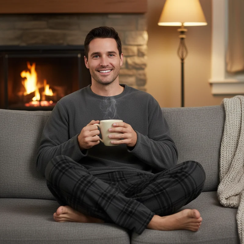 Flauschiger Fleece-Pyjama für Herren – Grau kariertes, kuscheliges Thermopyjama-Set für ultimativen Komfort