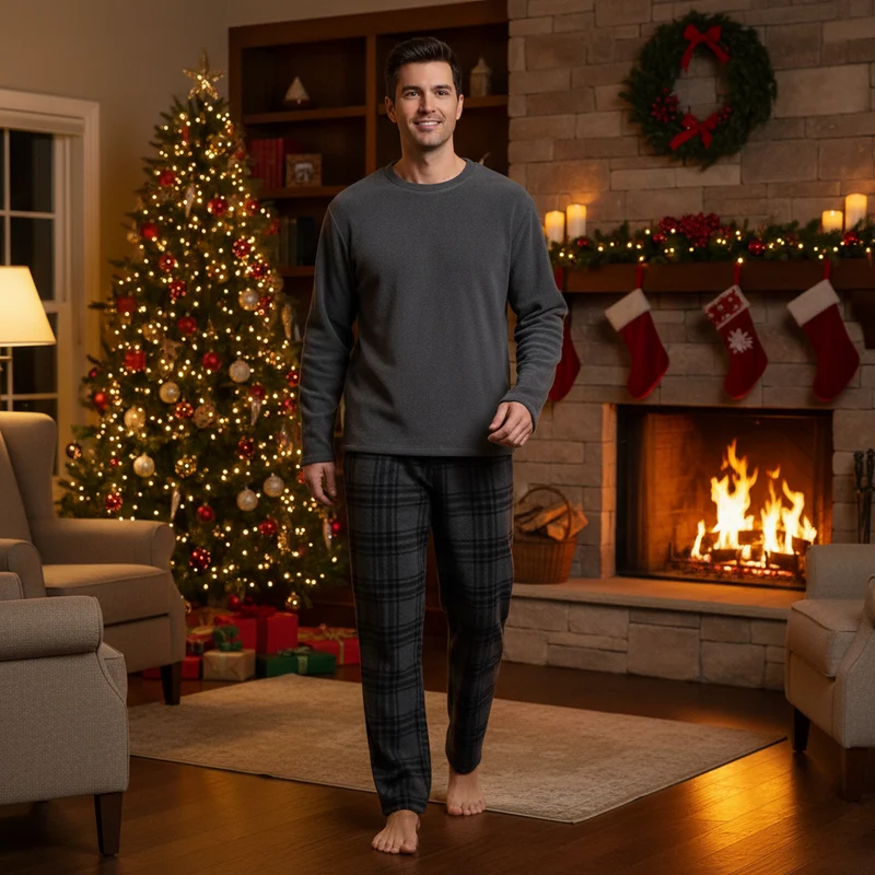 Flauschiger Fleece-Pyjama für Herren – Grau kariertes, kuscheliges Thermopyjama-Set für ultimativen Komfort