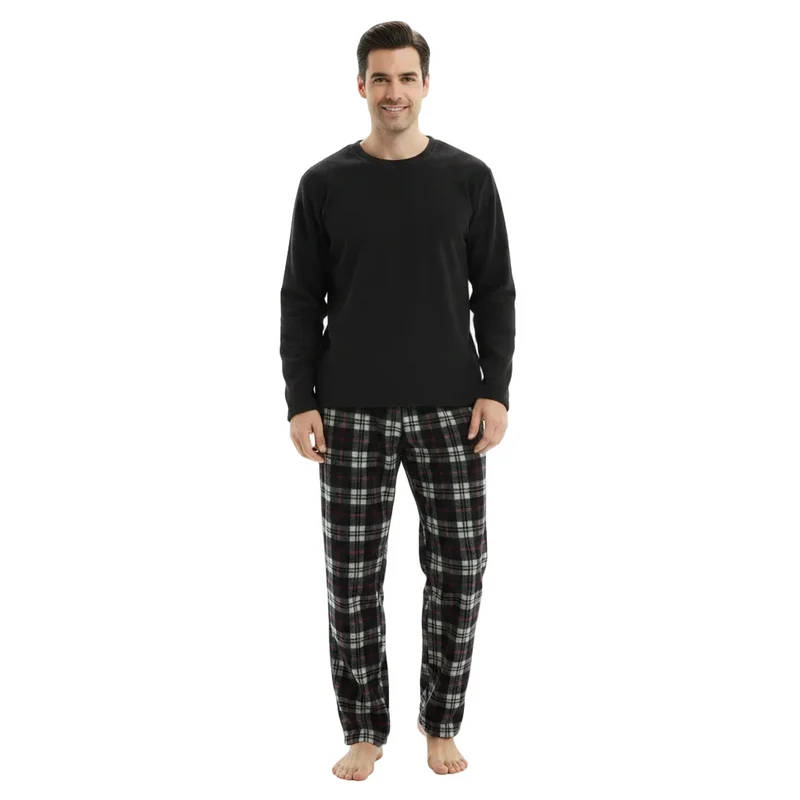 Herren-Thermo-Fleece-Pyjama-Set in Schwarz und Rot, Langarmdesign