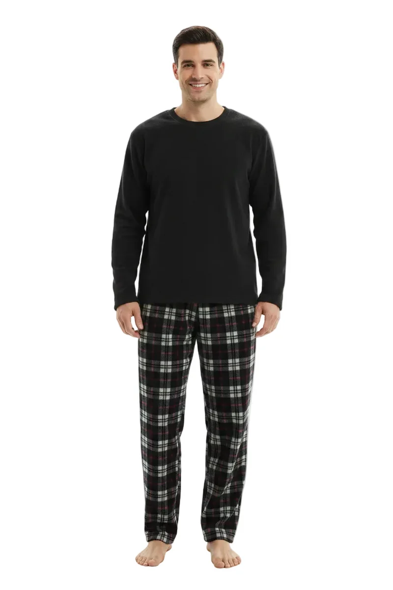 Herren-Thermo-Fleece-Pyjama-Set in Schwarz und Rot, Langarmdesign