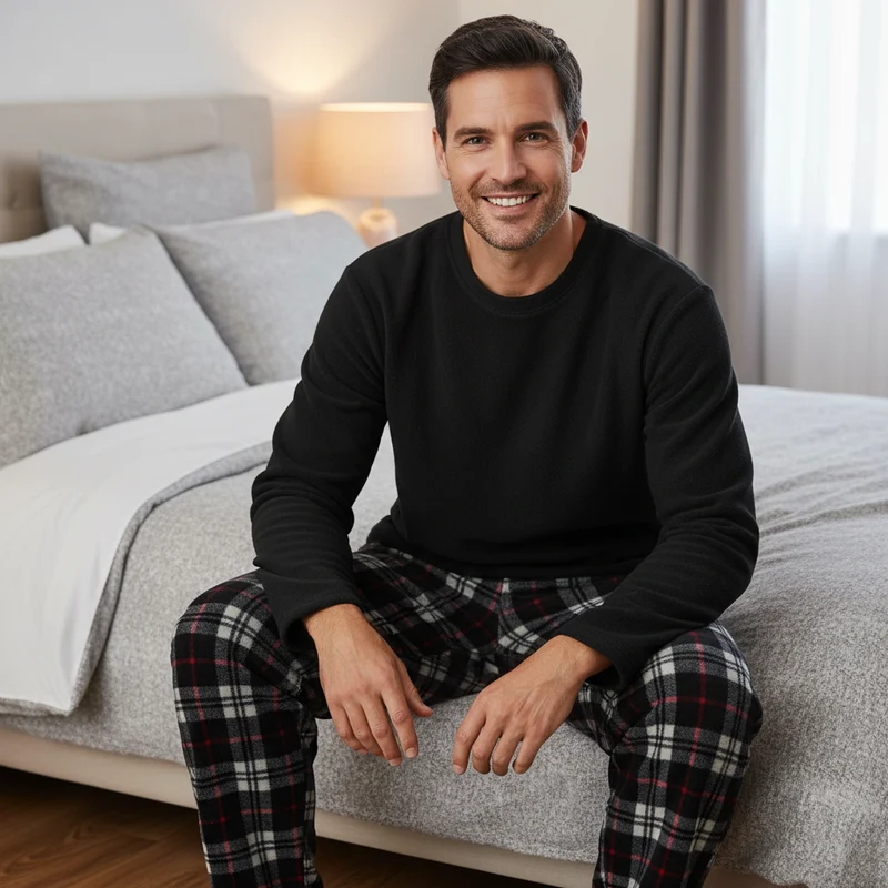 Herren-Thermo-Fleece-Pyjama-Set in Schwarz und Rot, Langarmdesign