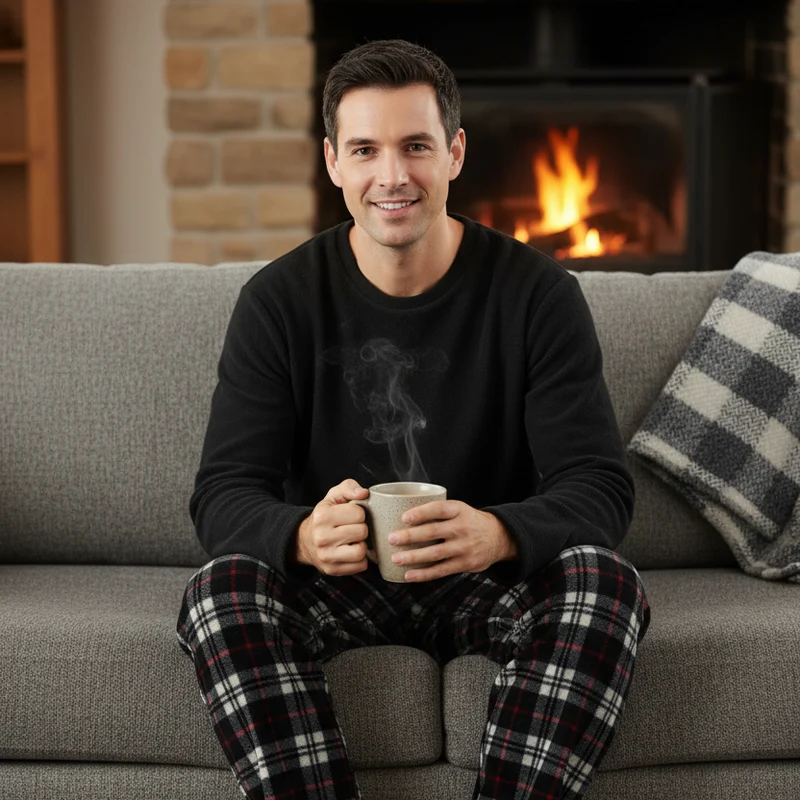 Herren-Thermo-Fleece-Pyjama-Set in Schwarz und Rot, Langarmdesign