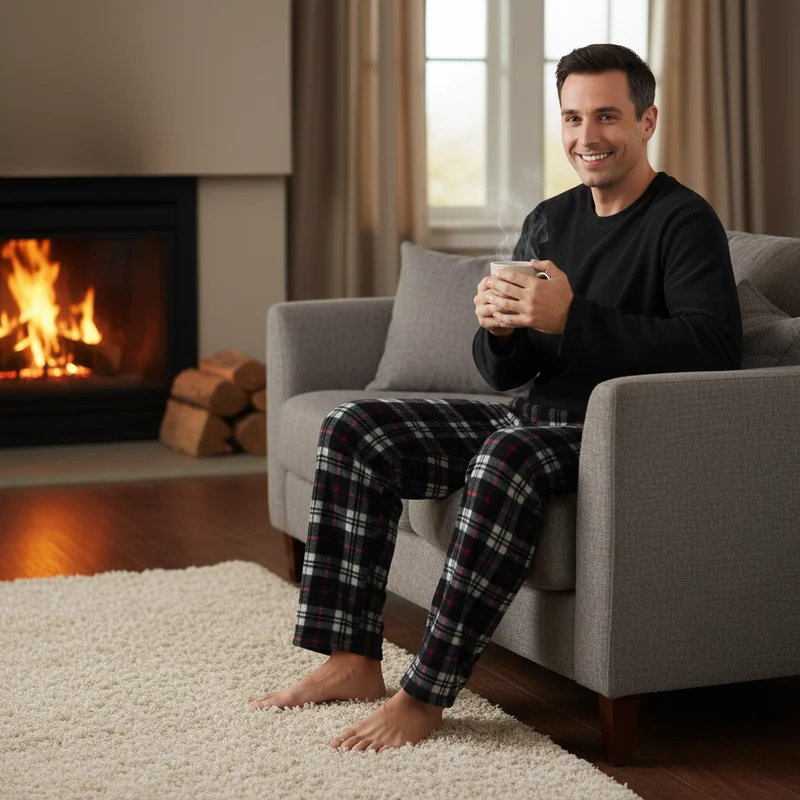 Herren-Thermo-Fleece-Pyjama-Set in Schwarz und Rot, Langarmdesign