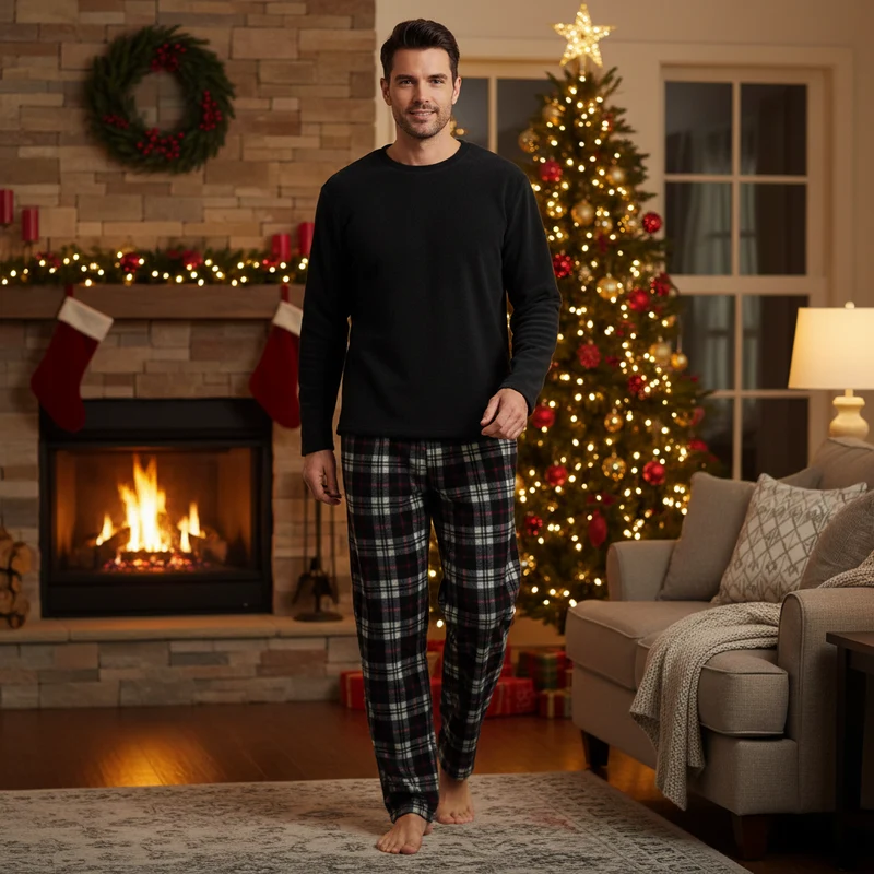 Herren-Thermo-Fleece-Pyjama-Set in Schwarz und Rot, Langarmdesign