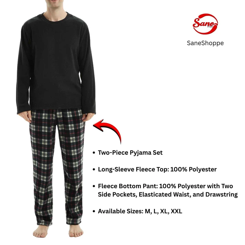 Herren-Thermo-Fleece-Pyjama-Set in Schwarz und Rot, Langarmdesign