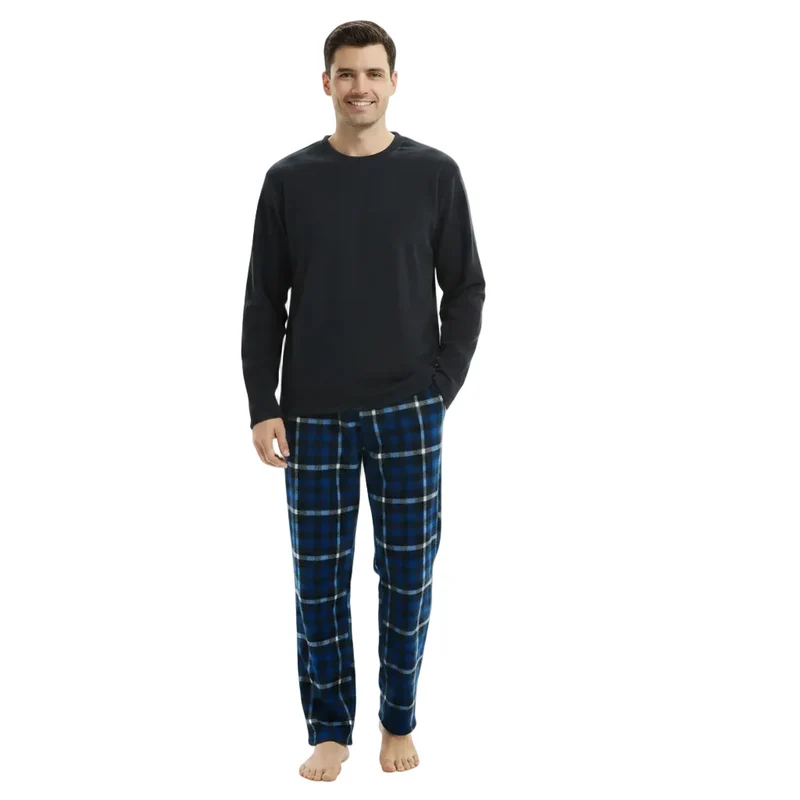 Warmes Herren-Winterpyjama-Set – Luxuriöser marineblauer Fleece-Pyjama mit Karomuster
