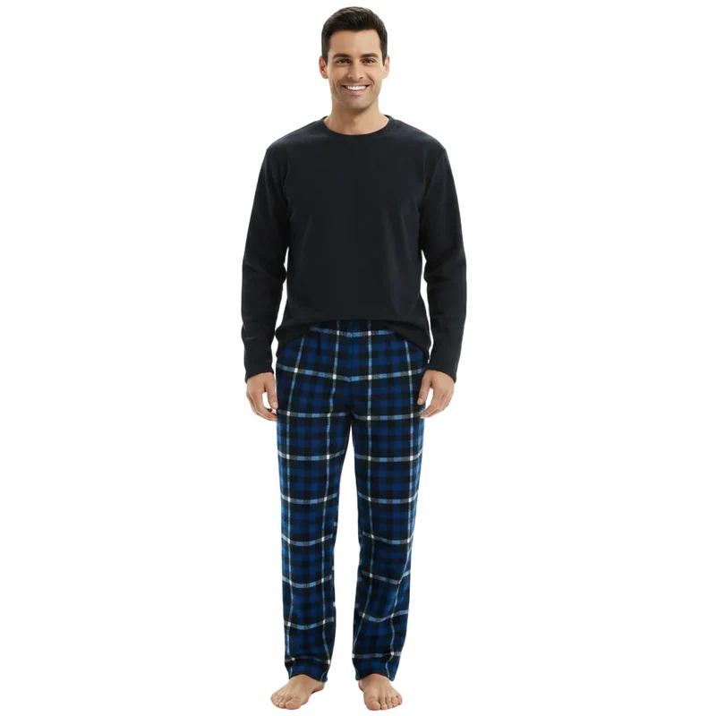 Warmes Herren-Winterpyjama-Set – Luxuriöser marineblauer Fleece-Pyjama mit Karomuster
