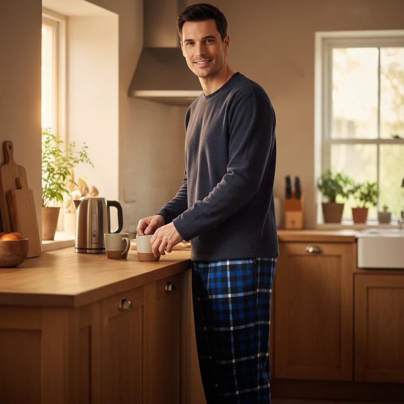 Warmes Herren-Winterpyjama-Set – Luxuriöser marineblauer Fleece-Pyjama mit Karomuster