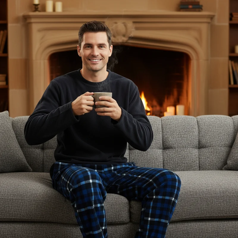 Warmes Herren-Winterpyjama-Set – Luxuriöser marineblauer Fleece-Pyjama mit Karomuster