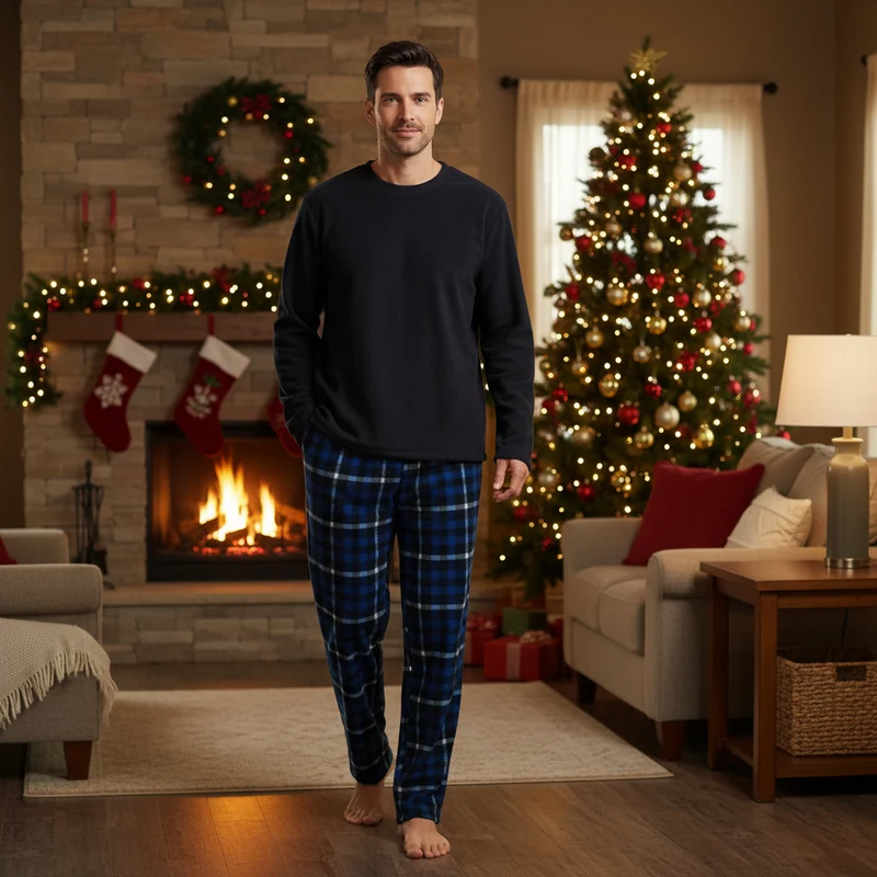 Warmes Herren-Winterpyjama-Set – Luxuriöser marineblauer Fleece-Pyjama mit Karomuster