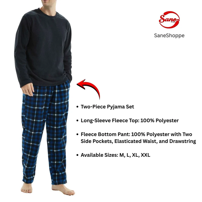 Warmes Herren-Winterpyjama-Set – Luxuriöser marineblauer Fleece-Pyjama mit Karomuster