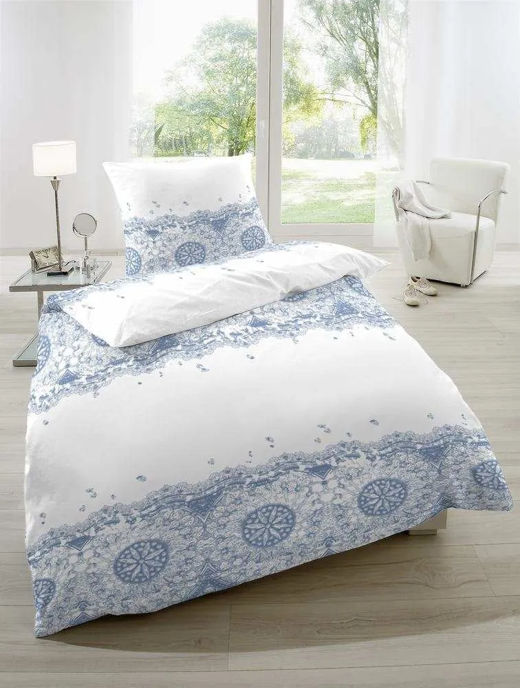 Hahn Baumwoll Satin Wende Bettwäsche Ornamente Punkte Blau Weiss Grau