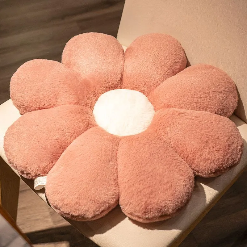 Dekoratives Kissen aus Kaninchenfell – 8-blättriges Blumenmuster – Rosa/Weiß/Orange – 50 cm