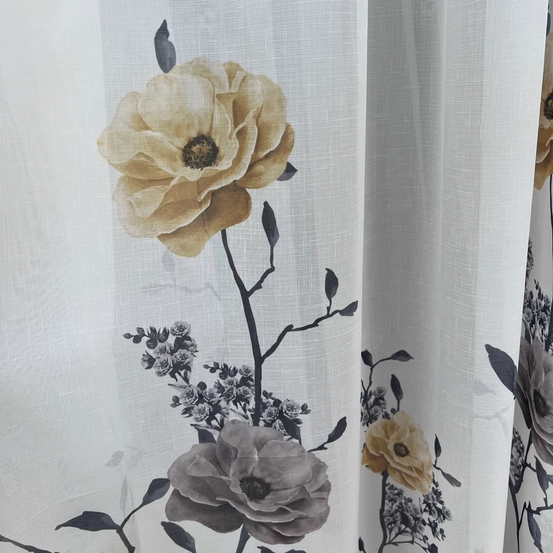 Gardine mit Beige/Grauem Blumenmuster – mit Kräuselband (1 Stück)